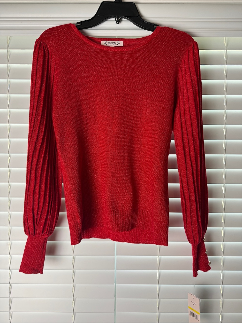 Nanette Lepore Red Pleated-Sleeve Crewneck Sweater size medium